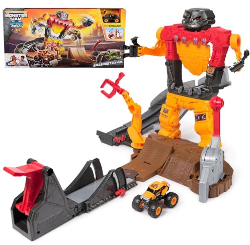 Monster Jam Smash & Bash SmashBot Playset with Launcher, Exclusive 1:64 Scale Monster Truck, 15-Inch Repairable Robot, Kids Toys for Boy and Girls Age 3 and up