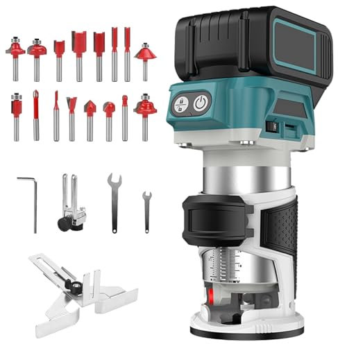 Akku Oberfräse kompatibel mit Makita 18V Akku,800W Bürstenloser Holztrimmer,Akku Oberfräse Trimmer für Makita,Akku Holztrimmer mit 16 Stück 1/4 Hartmetall Fräser Set (ohne Akku & ohne Ladegerät)