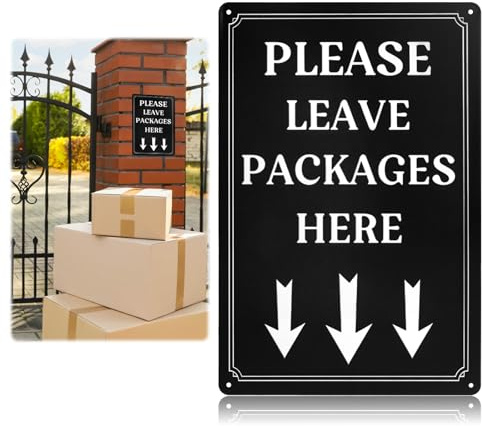 Please Leave Packages Here Sign with Arrow 11.8×7.8 Holes Parcel Box Sign | Pre-drilled Metal Parcel Box Sticker Waterproof UV Protection Delivery Driver Postman Notice Plaque for Post Box or Anywhere