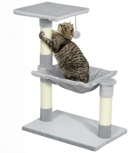 PawHut Arbre à Chat 3 griffoirs grattoirs sisal Naturel Plateforme hamac et Boule Suspendue dim. 50L x 26l x 70H cm Peluche Courte Gris Clair
