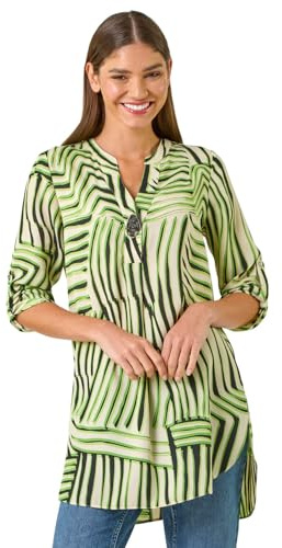 Roman Originals Shirt for Women UK Ladies Longline Top Collarless Blouse Smart Tunic Casual Evening Relaxed Fit 3/4 Length Sleeve Notch V Neck Long - Abstract Green - Size 18