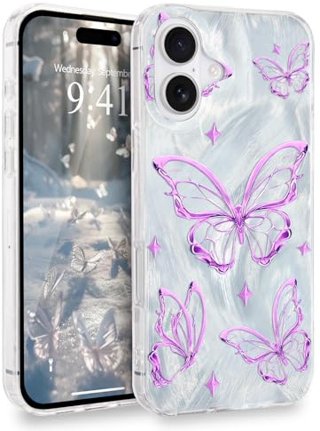 L-FADNUT for iPhone 16 Case Glitter Butterfly for Women, Light Purple | Sparkly Silver Cute Butterfly Pattern Phone Case for Girls, Trendy Shiny Slim TPU Protective Anti-scratch Aesthetic Cover