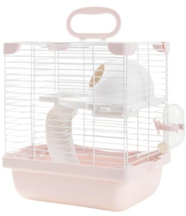 Milageto 2 Niveaux Cage de de Cage de Hamster avec Bouteille d'eau, Bol de Nourriture pour Rat de Souris 7,4x9x11inch, Rose