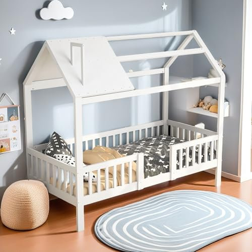 Mutuolux Hausbett Kinderbett 90x200 aus Massivholz Weiß, Montessori Bett mit Rausfallschutz, Bodenbett mit Dach für Kinderzimmer Jungen & Mädchen, Spielbett Holz