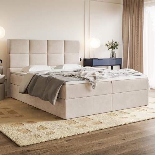 MOTIVENA Alpha Boxspringbett 120x200 Beige Samt, mit Taschenfederkern-Matratze (H3), mit Visco Memory-Foam Topper (H2), Boxspringbett 120x200 mit Bettkasten Beige (Creme)