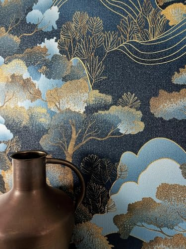 Newroom Tapete Blau Vlies Bäume Wolken - Asiatisch Modern Botanisch Mustertapete für Wohnzimmer Schlafzimmer