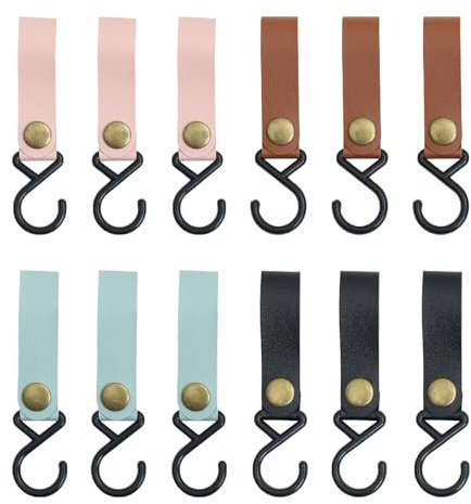 Noaxylic 12 Stück S Haken mit Lederschlaufe, Haken zum Einhängen, Kleiderhaken für Stange, Mehrzweckhaken, mit Lederschlaufe Campinghaken, für Küche, Schrankaufhängung, Bad Schlafzimmer