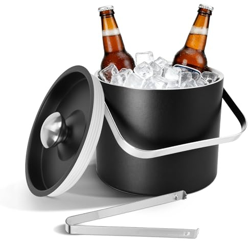 3L Eiswürfelbehälter, Moderner isolierter Eiskübel, Eiswürfelbehälter | mit Silikondeckel, Zange+Sieb, doppelwandiger Edelstahl-Eiskübel Eisbehälter für Partys, Bier, Champagner, Wein(Schwarz)