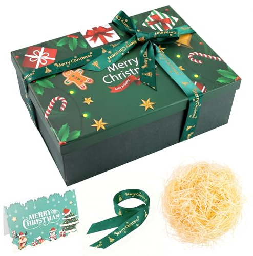 Geschenkboxen Weihnachten, 29 * 21 * 10.5 CM, Geschenkbox mit Deckel, Faltbare Geschenkbox, Geschenkkarton Weihnachten MitSchleife, Grußkarte und Füllmaterial (Grün)