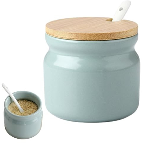 Sucrier avec cuillère, 300 ml, pot à sel en céramique avec couvercle et cuillère, pots à sucre, pots à épices pour cuisine, maison, café, bar, sucrier, récipient à sucre moderne (vert clair)