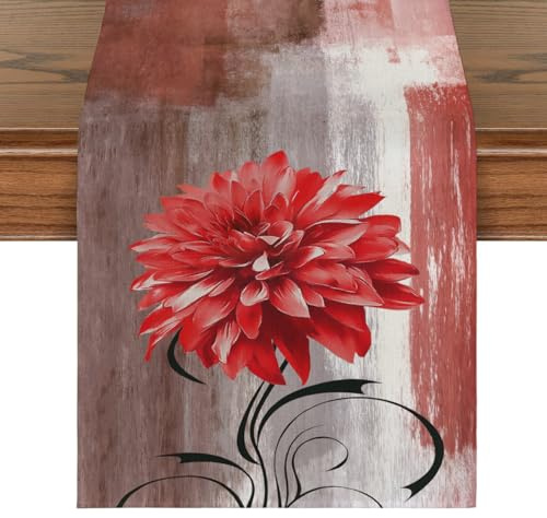 Brylleii Tischläufer Abwaschbar Landhausstil 33x200 Rot Tisch Läufer Modern Natur Frühling Sommer Tischdekoration Leinen Akzenttisch Dekoratives Tuch Tischdeko für Outdoor Küche