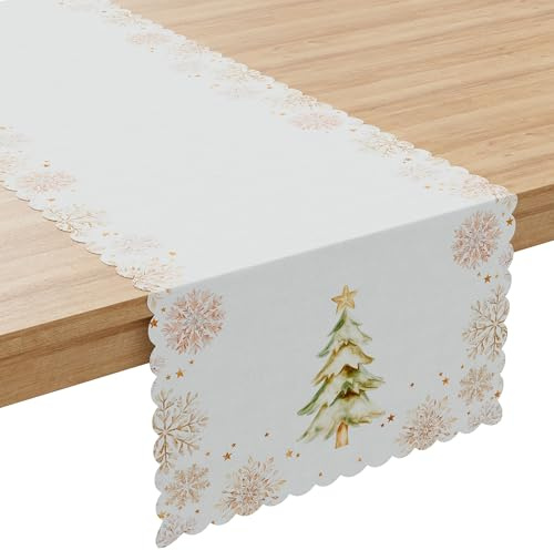 Gardinen Vorhangen Weiß 38x140 cm (BxH) Weihnachtstischläufer Wintermärchen Mit Tannenbaum Motiv Wasserabweisend