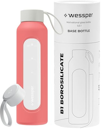 Wessper Botella Agua Cristal, 500ml, Botellas Motivadora - Coral | botella de cristal para agua, Escala de Hidratación, Botellas de Vidrio Borosilicato con Funda de Silicona, sin BPA