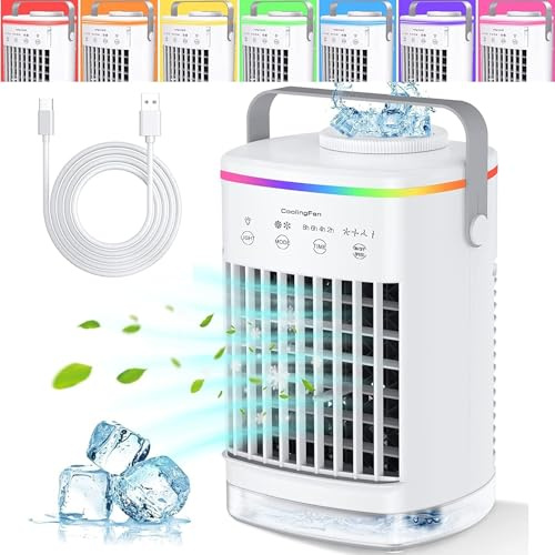 Joomouney Portable Air Cooler, 3-in-1 Evaporative Air Cooler, Portable Air Conditioner with 4 Wind Speed & 7 Colour Lights & 700ml Water Tank & 2-8H Timer, Personal Air Coolers for Home Office Bedroom