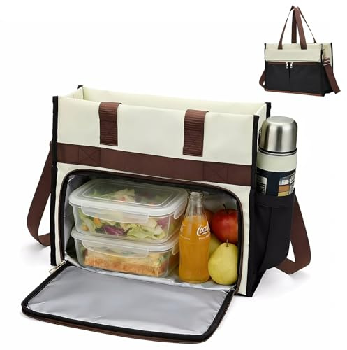 Sac isotherme pour femme - Sac isotherme pour ordinateur portable 15,6 - Avec compartiment à déjeuner - Plusieurs compartiments - Bandoulière réglable - Sac à main pour affaires, bureau, école - Noir