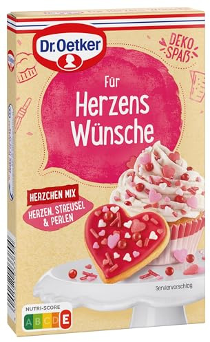 Dr. Oetker Für Herzens Wünsche Herzchen Mix, 12er Pack Zucker-Dekor zum liebevollen Verzieren von Gebäcken und Desserts, Essbares Streudekor aus Zuckerstreuseln, Herzen & Perlen, 12 x 60 g