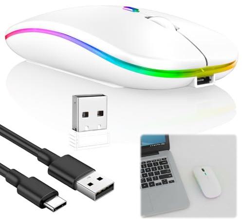 CVMGO Wireless Bluetooth Mouse 1600DPI USB A Dual Receiver Laptop White | Rechargeable mouse with Bluetooth 5.2, quiet click and LED design, compatible with Windows, Mac, iPad and laptops