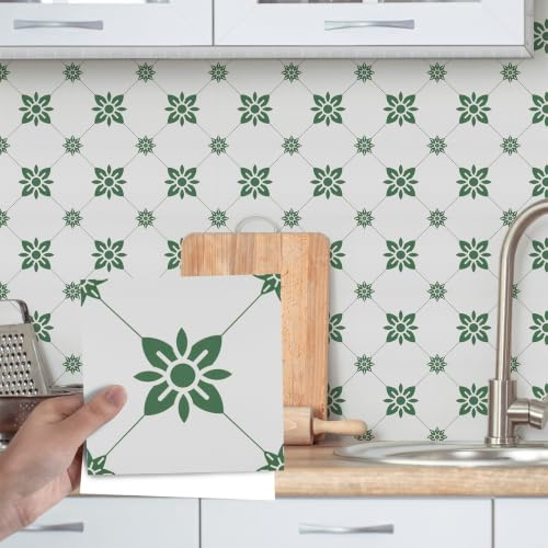 Fantasnight Tile Stickers Green, Stick on Tiles Matt 15x15cm 12Pcs, Vinyl Self Adhesive Peel and Stick for Bathroom, Removable Backsplash for Kitchen Flower