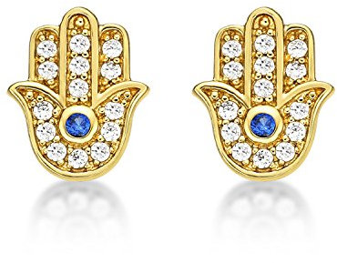 Gelbgold-Ohrringe Hand der Fatima aus Sterlingsilber vergoldet mit 18K Gelbgold besetzt mit Klasse AAA weißen Cubic-Zirkonia-Steinen und blauen Spinells. Gelbgold-Ohrringe mit Stopper-Verschluss.
