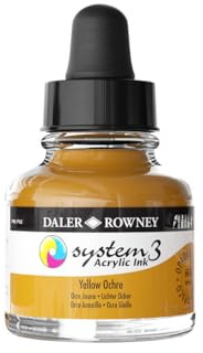 Daler-Rowney System3 Acrylic Ink, Glass Bottle with Dropper, Opaque, 1oz - 29.5 ml, Yellow Ochre