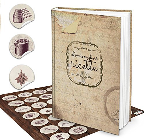 XXL HARDCOVER Italienisches Kochbuch zum Selberschreiben LE MIE MIGLIORI RICETTE + vintage Aufkleber 164 leere weiße blanko Seiten Rezeptbuch Notizbuch - Geschenk zum selbst schreiben + Register