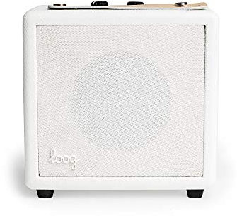 LOOG Mini Amp and Cable for Electric Guitar, White, 3W Tube Amp with 3 Speaker, Battery Operated, Dedicated Volume and Gain Controls, Includes 5ft Instrument Cable