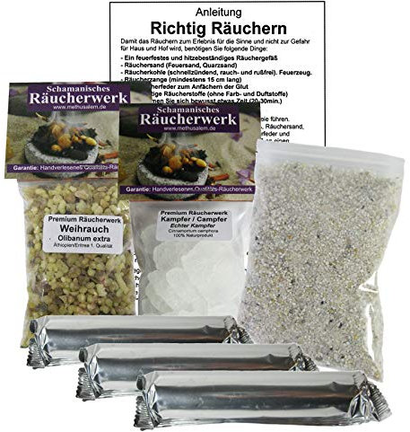 Weihrauch Olibanum & Naturkampfer zum räuchern 8-TLG Räucherset + 3 Rollen Räucherkohle + ZUBEHÖR + Lexikon der Räucherstoffe. 81116-18