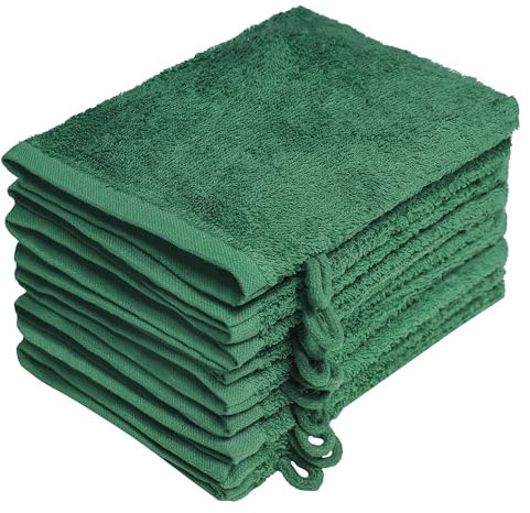 NatureMark 10x Waschhandschuhe aus Frottee 100% Baumwolle – Weich und Robust, Ideal für die tägliche Pflege und Gäste – Dunkel Grün, 15x21 cm