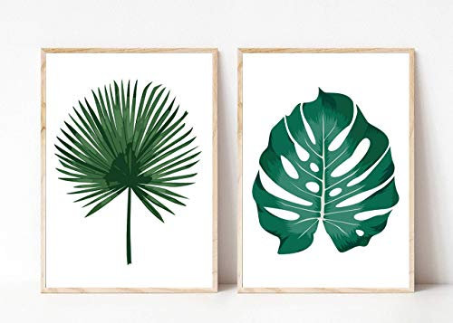 Din A4 Kunstdruck ungerahmt 2-teilig - Monstera Palme Tropisch Tropen Blatt grün Grafik modern Natur Deko, Geschenk Druck Poster Bild