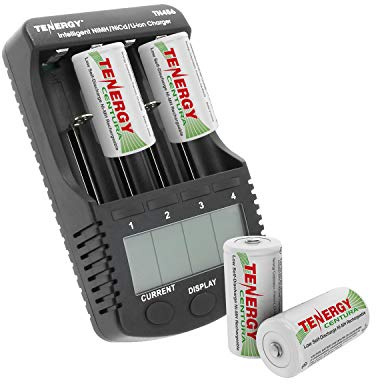 Tenergy Centura Rechargeable C Batteries and TN456 LCD Smart Battery Charger for Li-Ion/NIMH/NICD Rechargeable Batteries, 4 Pack C Size Battery Cells and Charger with USB Output
