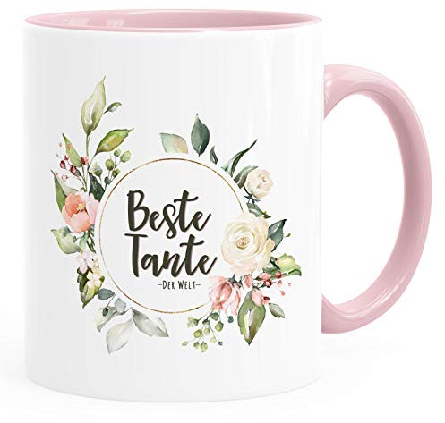 Moonworks® Kaffee-Tasse Beste Tante der Welt Geschenk Familie Blumen Kaffeetasse Teetasse Keramiktasse inner-rosa Keramik-Tasse