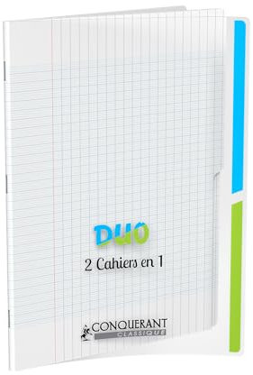 CONQUERANT Cahier Duo Classique 24x32cm Grands Carreaux Seyès 96 Pages Agrafées Couverture Polypro Incolore