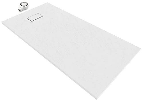 Plato de Ducha BOREAL 160x80 cm Blanco RAL 9016 - Resina SMC Extraplano, Antideslizante, Textura Pizarra, Fácil de Limpiar, Incluye Válvula + Rejilla