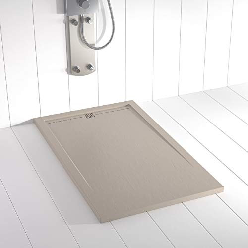 Shower Online Plato de ducha Resina FLOW - 80x160 - Textura Pizarra - Antideslizante - Todas las medidas disponibles - Incluye Rejilla Color Arena y Sifón - Arena S 3005 Y 50R