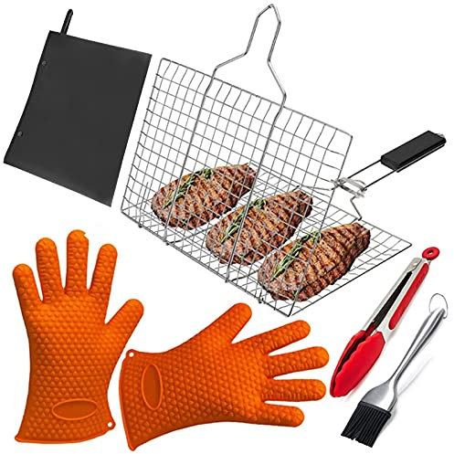 Barbecue Basket BBQ Fish Roaster, Foldable BBQ Grill Basket Fish Roaster, Portable Stainless Steel Grill Basket with Removable Handle for Fish Vegetables Steak Shrimp Choplets.