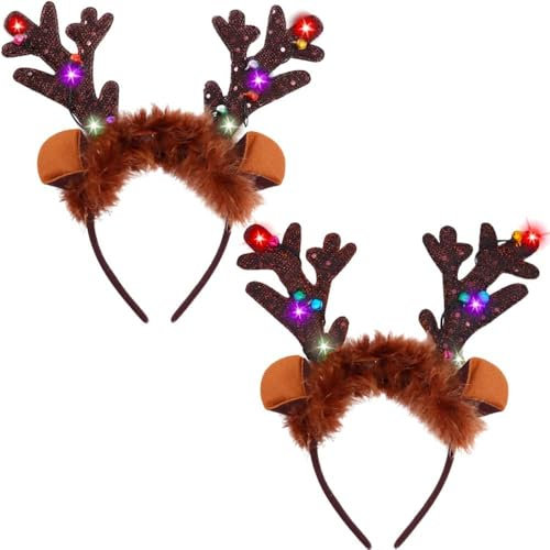 HIQE-FL 2Pcs Bandeau en Bois de Renne à LED, Thème Noël, Décoration de Fête