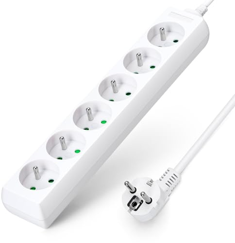 Aigostar - Multiprises 6 Prises 16A 2P + E Extension d'alimentation de 1.5 Mètre Câble et Sécurité Enfant Blanc