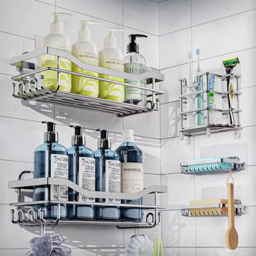 QQJOYCCI 5 Pack Shower Caddies Bathroom Shelf,No Drilling Adhesive Bathroom Storage Organizer,304 Stainless Steel Shower Rack for Bathroom Shower Organiser (Silver)