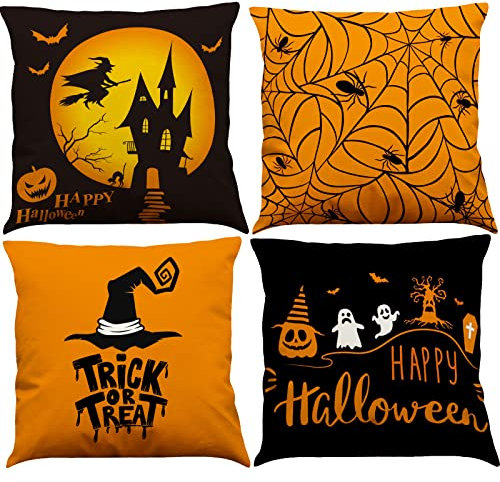 BINXWA 4 Stück Halloween Kissenbezug, Orange and Black Halloween Deko Garten Kissenbezug Happy Halloween Baumwolle Leinen Kissenbezug 45x45cm