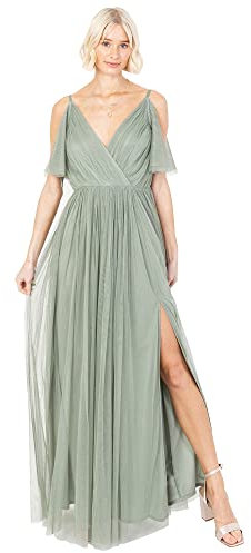 Anaya with Love Women's Ladies Women Long Length Maxi Short Sleeve Cami V Neckline Long Length Empire Waist Bridesmaid Dress, Frosty Green, 6 UK