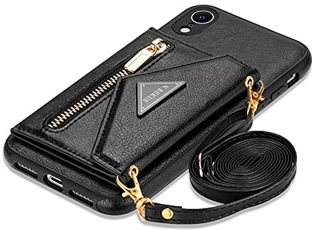 GUVAGI Handyhülle für iPhone XR Hülle mit Band Handy Hülle Case, Handykette Klapphülle Reißverschluss Stoßfest Schutzhülle Magnet Aesthetic Mädchen Handyhüllen mit Kette Umhängen (Schwarz)