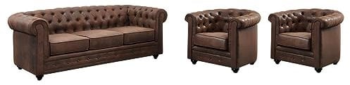Vente-unique-Sofá 3 plazas y 2 Sillones Chesterfield de Microfibra Envejecida