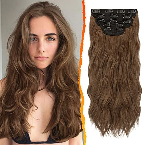 BARSDAR Clip in Extensions, 5 PCS Lange Wellige Clip in Haarverlängerungen Dickes Natürliches Weiches Synthetisches Haarteil Für Frauen Mädchen -45 cm, Dunkelbraune Mix Auburn