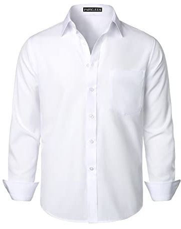 PARKLEES Men's Regular Fit Dress Shirt Solid Wrinkle-Free Long Sleeve Casual Business Button Up Shirts with Pocket PZSSCL05-White XXL