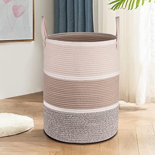KINGSUSLAY Geflochtener Wäschekorb mit Griffen - Großer Wäschekorb aus Baumwollseil - Aufbewahrungskorb für Decke, Kleidung, Accessoires,Weihnachtsgeschenke, Spielzeug- 41x51CM (Braun&Weiß)