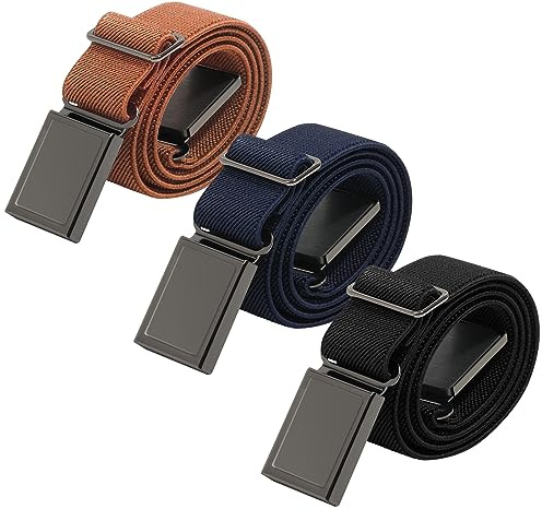 AWAYTR 3 PCS Kids Adjustable Magnetic Belts - Easy to Use Magnetic Buckle Belt for Boys and Girls (Gunmetal Buckle- Black/Navy blue/Brown)