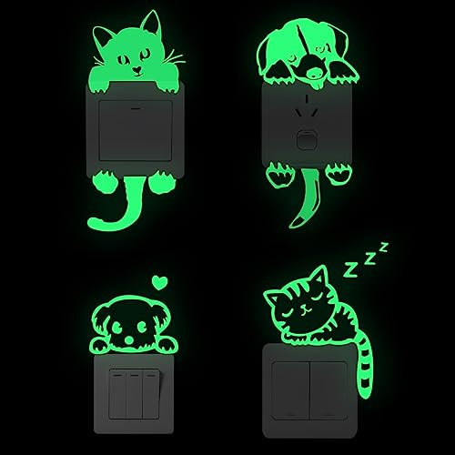 WUDQIJI Leuchtaufkleber Wandschalter Aufkleber 4 Stück Lichtschalter Leuchtend Katze Hund Lichtschalter Aufkleber Leuchtsticker Für Lichtschalter Vinyl Aufkleber für Steckdose Lichtschalter Wand