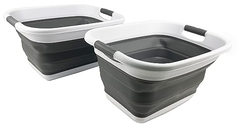 SAMMART 25L zusammenklappbarer Wäschekorb/Wäschewanne–faltbarer Aufbewahrungsbehälter/Organizer–tragbarer Wäschebehälter – platzsparender Wäschekorb (Weiß/Stahlgrau (2er-Set))