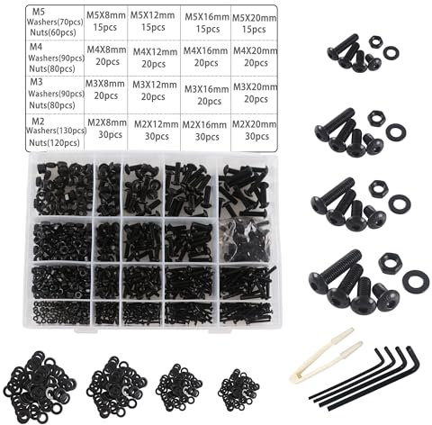 M2/M3/M4/M5 Set di Assortimenti di Bulloni e Dadi Rondelle 1180pcs,Nero In Acciaio al Carbonio Assortimento di Dadi e Viti set di Tasselli per Viti a Macchina