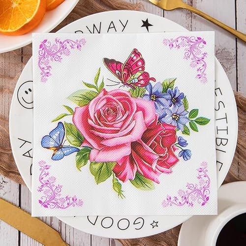 Rose Servietten 2-lagig (33 x 33 cm) I 20 Stück I Perfekt für Geburtstage, Partys, Hochzeiten, Kommunion und Feiern I Papierservietten Bunt - Blätter, Rahmen, Ornament I Leaves Frame